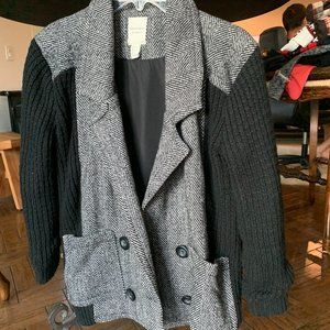 Gray pea coat jacket with black fabric sleeves